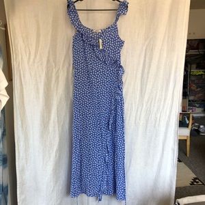 Madewell Blue Red Mini Daisy Floral Ruffled Faux Wrap Maxi Dress Size 10.